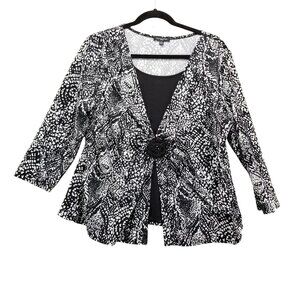 Notations Shirt Womens XL Black White Ruched Front Medallion Blouse *Read*